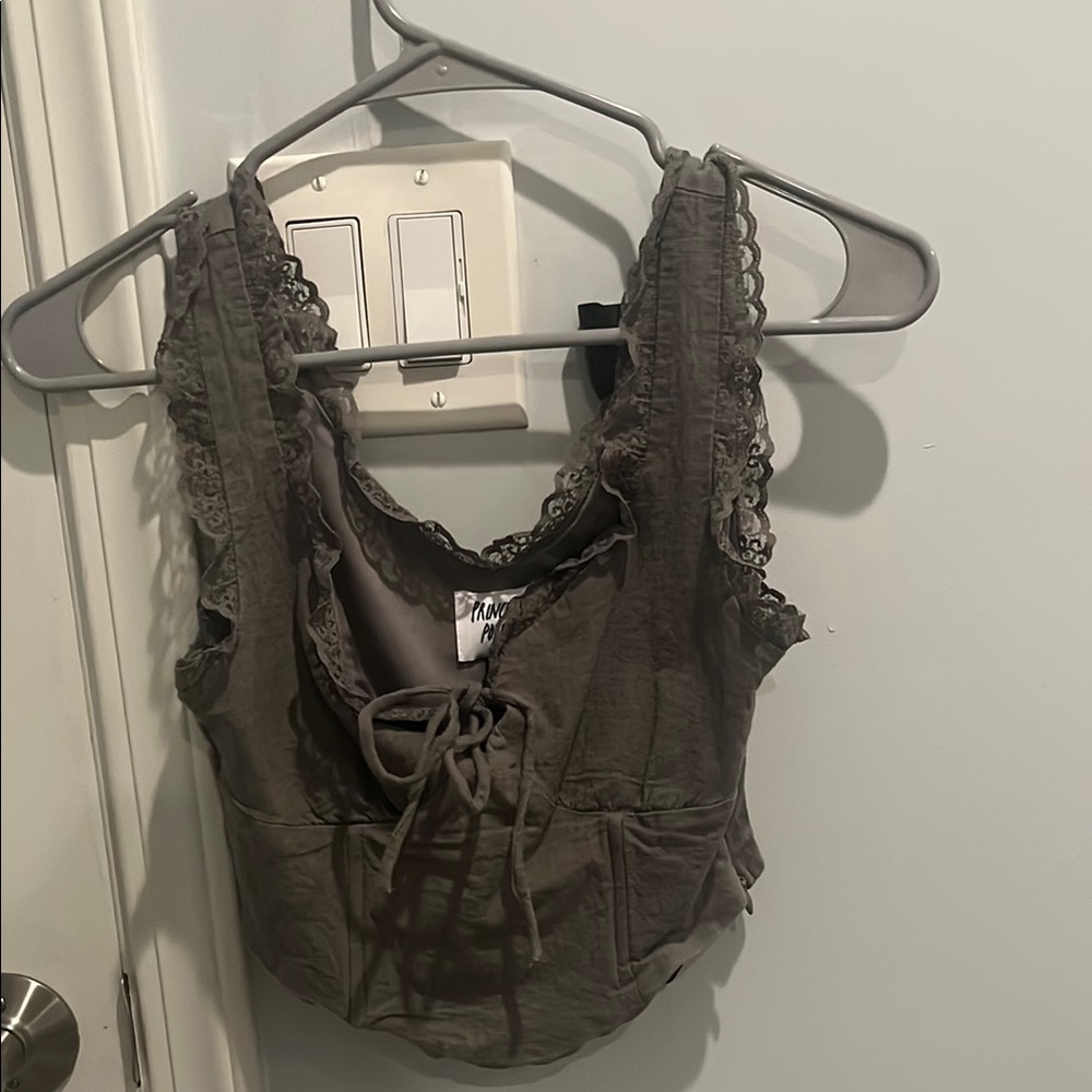 Lace Trimmed Gray Sleeveless Top